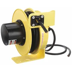 Hardwired self-retracting cord reel with 30 ft of 10 AWG SOOW cable terminated with bare wire ends. Rated for 600V AC and equipped with a ratchet lock mechanism to hold the cord at a desired length. Suitable for overhead or wall-mounted installations in workshops, warehouses, and maintenance areas where a retractable power source is needed.