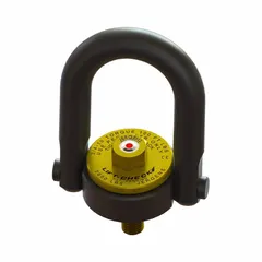 This force-indicating pivot and rotate hoist ring is designed for lifting and pulling applications where load monitoring is required. It features a black oxide-coated steel body with a 1/2"-13 thread and a maximum capacity of 2,500 lb. The built-in indicator provides visual verification of applied force, aiding in safe operation during overhead lifts and rigging tasks.