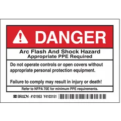 Polyester adhesive signs warning of arc flash and shock hazards. Each sign measures 3 1/2 in x 5 in nominal size, 0.01 in thick, non-retroreflective, non-glow-in-the-dark. Supplied as a 5-pack for mounting on electrical enclosures or equipment in industrial settings.