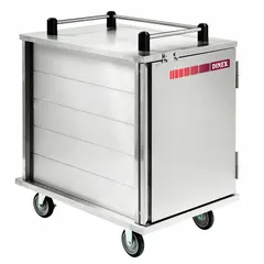 This CARLISLE DINEX meal delivery cart is constructed of stainless steel with a silver finish and features a single door. It is a non-pass-through model designed to hold 10 trays, equipped with two rigid casters for stable transport. NSF certified, it is suitable for transporting prepared meals in institutional settings such as healthcare and hospitality.