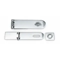 Stainless steel weld-on hasp for permanent installation on metal surfaces. Provides a secure latching point for padlocks on industrial enclosures, cabinets, or equipment. Measures 1-1/2 in height, 13/16 in length, and 4-1/2 in width.