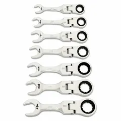 This 7-piece SAE 12-point ratcheting combination wrench set includes sizes from 3/8 in to 3/4 in. Constructed from alloy steel with a full polish chrome finish, the flex head design allows access to fasteners in confined spaces. Suitable for tightening and loosening fasteners in automotive, industrial, and mechanical applications.