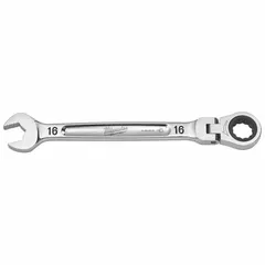 Chrome vanadium steel wrench with a chrome finish. Features a 16 mm 12-point ratcheting box end and an overall length of 217 7/8 mm. Used for tightening and loosening fasteners in confined spaces where repositioning the tool is impractical.