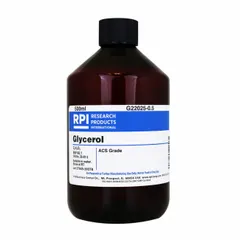 Liquid glycerol, ACS grade, supplied in a 500 mL plastic container. Used in casting gradient gels, as a protein stabilizer, and as a storage buffer component in biochemical and molecular biology applications.