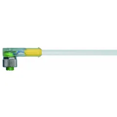 Single-ended cordset with M12 female right-angle connector and bare wire termination. Features 3 pins, 22 AWG wire, 5 m cable length, gray PVC jacket, and IP67 rating. Max current 4 A. Includes status LED for indication. Suitable for flexing applications in industrial automation.