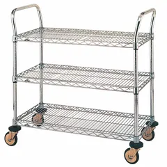 Three-shelf utility cart with chrome-finished wire shelves and flat shelf orientation. Equipped with four swivel casters for maneuverability. Suitable for transporting and organizing materials in commercial and industrial settings.