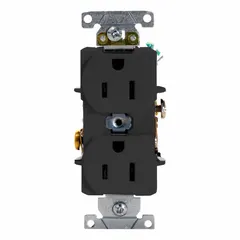 General-purpose duplex receptacle rated 125V AC, 15 A, NEMA 5-15 configuration, 2-pole/3-wire with grounding. Black finish. Suitable for standard wall outlets in residential, commercial, and industrial applications.