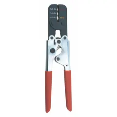 This full-cycle ratcheting crimp tool ensures consistent crimps by completing the entire cycle before release. It is designed for use with connectors such as 10054, 10600, 5HC46, and 5HC47. Suitable for industrial wiring applications requiring reliable, repeatable crimps.