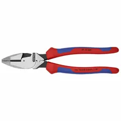 KNIPEX standard lineman's pliers with curved jaws, overall length 9 1/2 in, jaw length 1 5/8 in, jaw width 1 5/8 in, jaw thickness 5/8 in. Designed for gripping, twisting, and cutting wire in electrical, construction, and maintenance applications. Features an ergonomic handle and integrated wire cutter.