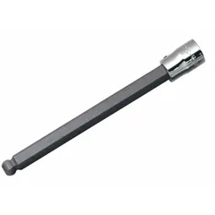 This ball-end hex bit socket features a 5 mm tip size and 7 in overall length. The ball hex tip allows engagement at an angle, useful for accessing fasteners in confined spaces. Designed for use with 3/8 in drive tools.