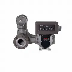 Positive displacement flowmeter for fuel transfer pumps. Features a mechanical display, measures in liters, and provides accuracy of +/-0.5%. Housing is anodized aluminum. Suitable for fleet fueling, bulk plant, and industrial refueling operations.