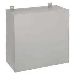 This WIEGMANN steel enclosure measures 24 x 24 x 11 inches and is rated NEMA 12/13 for protection against dust, dirt, and non-corrosive liquids. It features a solid hinged cover secured with screws and does not include knockouts. Suitable for housing electrical controls and instruments in industrial environments.