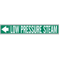 Green fiberglass carrier-mounted pipe marker with white legend reading 'Low Pressure Steam' and directional arrows. Fits pipe outer diameters of 1-1/2 to 2 inches. Each pack contains 25 markers with strapping for secure attachment. Used to identify low-pressure steam lines in piping systems.