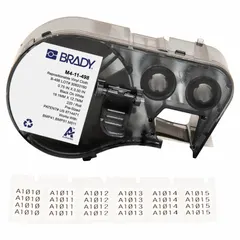 Vinyl wraparound label for permanent wire identification. Black print on white background. Designed for wire gauges 16 AWG to 10 AWG. Compatible with M511 printer series; requires R6200 ribbon. Used for cable marking in electrical panels, machinery, and control systems.
