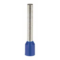 Insulated ferrule for terminating stranded wire into terminal blocks or clamp connectors. Holds 1 wire, 14 AWG max. Blue polypropylene insulation, 0.1 in ferrule diameter. Prevents wire fraying and ensures secure connections in control panels and power distribution.