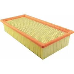 Rectangular panel engine air filter with an overall length of 14 23/32 inches. Designed for use in Ford buses to capture airborne contaminants and protect engine components.