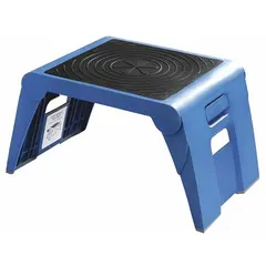 This CRAMER folding step stool is a single-step platform made of blue plastic with a 9.5-inch standing height and a 300-pound load capacity. It is suitable for light-duty tasks requiring a stable elevated platform, such as reaching low shelves or equipment in warehouses, offices, retail, and maintenance environments.