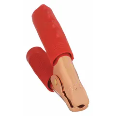This alligator clip features a parrot jaw with copper contacts and accepts 1 to 4 AWG wire. It is rated for 800 A max current and 24V max voltage, with red vinyl insulation. The clamp includes a lead jaw and uses a clamp-style connection. Typical applications include temporary electrical connections in battery testing, jump-starting, and power-supply tasks.