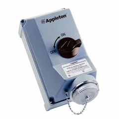 Watertight interlock for three-phase electrical disconnection. Rated 30 A, 4-pole, 3-wire, 208/240/480/600V AC. Includes reverse service capability. Suitable for industrial environments requiring a sealed, lockable disconnect.