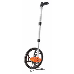 The KESON RR30 is a mechanical outdoor measuring wheel with a 9,999 ft range, featuring a fixed handle with pistol grip and a spoked single wheel with rubber tread. It has an ABS plastic frame and plastic wheel, measures in SAE inches, and is not foldable. No batteries required. Commonly used for distance measurement in paving, construction, and landscaping.