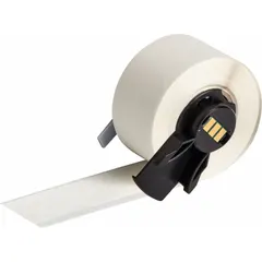 Continuous label roll measuring 1 inch by 50 feet, made of polyester with a clear gloss finish for indoor use. Compatible with the Brady M710 printer series when used with a media adapter. Suitable for industrial identification and labeling applications such as asset tracking and equipment marking.