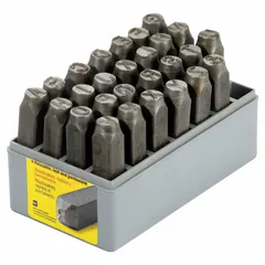 This steel hand stamp kit includes uppercase letters A through Z and an ampersand (&). Each stamp has a 3/8 in character height and a 3 1/8 in shank length. Suitable for marking metal, plastic, or wood parts in manufacturing, maintenance, and tool identification applications.