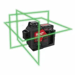 This plane laser level projects three green beam lines across three planes for alignment and leveling tasks. The kit includes a case, charger, and target. It is used for layout work such as installing ceilings, walls, and conduit runs.
