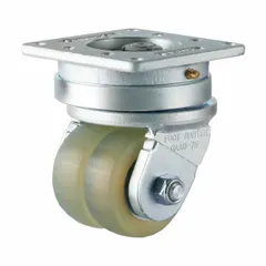 Swivel plate caster with dual polyurethane wheels, 75 mm diameter and 30 mm width, 130 mm mounting height. Designed for automated guided vehicles and autonomous mobile robots in material handling applications.