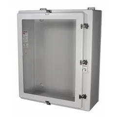 Fiberglass enclosure with a clear hinged cover, measuring 48 x 36 x 12 inches. Rated NEMA 1, 12, 3, 3R, and 4X for protection against indoor and outdoor environments, including washdown and corrosive conditions. No knockouts are provided. Suitable for housing electrical controls and instrumentation in industrial settings.
