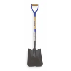 This square point shovel features a 14-gauge steel blade with a black finish and a natural wood handle with D-grip. The 30-inch handle length provides leverage for digging, trenching, and moving loose materials such as soil, gravel, or sand.