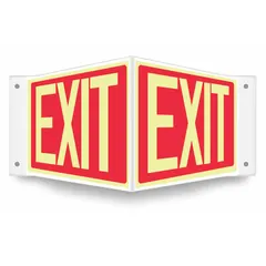 This V-shape projection exit sign is designed for marking emergency exits in industrial facilities. It features a glow-in-the-dark PETG construction for visibility during power loss and includes mounting holes for secure wall or ceiling installation. The sign measures 8 in x 18 in, is printed on one side, and is not retroreflective.