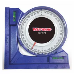 Magnetic angle locator with a 3-1/2 in base and 2 in overall height, measuring angles from 0° to 90°. Features a magnetic base for attachment to ferrous surfaces and includes one level and one plumb vial. Used for layout, fabrication, and inspection tasks in metalworking, woodworking, and construction.
