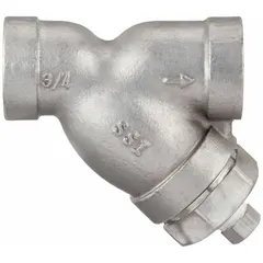This Y strainer features a 304 stainless steel body, screen, and seal material. It has a 3/4 in NPT connection and a perforated screen with 0.0313 in openings. Used to remove solid particles from liquid or gas pipelines, protecting downstream equipment such as pumps and valves.
