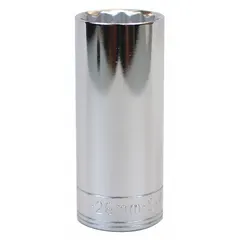 This 1/2" drive hand socket features a 26 mm metric size with a 12-point, deep profile. The chrome finish provides corrosion resistance. It is used for turning fasteners in automotive, industrial, and mechanical applications, with the deep design allowing access to recessed bolts and nuts.