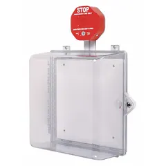 Clear polycarbonate wall-fixture guard for indoor use with electronic units. Includes an alarm and key lock. Surface mounts to wall. Overall depth 14 3/16 in. Helps protect against vandalism and damage.