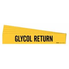 Yellow adhesive pipe marker with black legend reading 'Glycol Return'. Designed for pipes with outer diameter 8 inches and larger. Each pack contains 5 markers, each without directional arrows. Used to identify glycol return lines in piping systems.