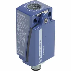 Metallic EN50047 body and receptacle assembly for limit switches. Features 1NO/1NC contact configuration, 2 mounting holes, and a 5-pin M12 male connector. Suitable for industrial automation applications requiring position detection or machine safety circuits.