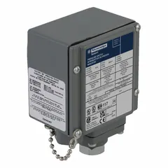 Pressure switch from the 9012G Series, designed for liquid- and corrosion-resistant machine tool applications. Monitors hydraulic or pneumatic pressure in industrial machinery and processing equipment. Features a single 1/4-18" FNPT pressure connection port and operates within a 20 psi to 675 psi range.