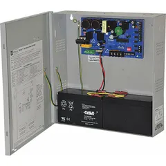 Steel-enclosed power supply panic device controller for two-door access-control applications. Operates on 115V AC input to power panic hardware and electric strikes in commercial or industrial facilities.