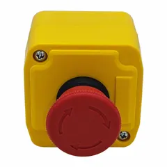 This push-button control station features a red mushroom head operator with maintained 1NO/1NC contacts and no legend. It is designed for oil- and dust-tight environments, suitable for industrial machine control applications requiring a single mushroom-head push button.