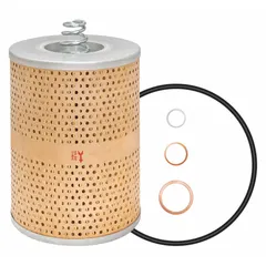 Cartridge oil filter element with cellulose media, 7 7/16 in overall height and 4 13/16 in outside diameter. Includes an attached spring. Designed for use in Mercedes-Benz vehicle engine lubrication systems to remove contaminants from oil.