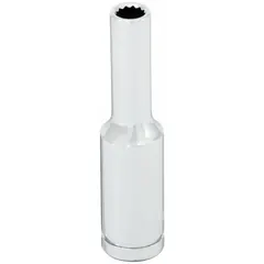This 1/4" drive hand socket features a 4.5 mm metric size with a 12-point deep profile. Made of chrome, it is suitable for tightening or loosening fasteners in confined spaces. Commonly used in automotive and machinery maintenance.