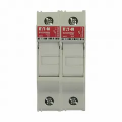 Two-pole midget fuse block rated 600 V AC with DIN rail mounting and box lug termination. Designed for finger-safe installation in control panels, motor control centers, and distribution equipment requiring compact circuit protection.