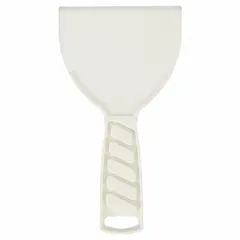 This disposable spreading tool features a plastic blade with a tapered shape and a polypropylene handle. It is suited for light-duty tasks such as applying and smoothing putty, spackle, or filler on surfaces in construction, painting, and maintenance applications.