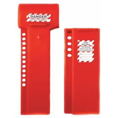 This clamp-on ball valve lockout secures quarter turn handles in the closed position during lockout/tagout procedures. It fits pipe sizes from 2 in minimum to 8 in maximum. The device clamps onto the valve body to prevent accidental operation.