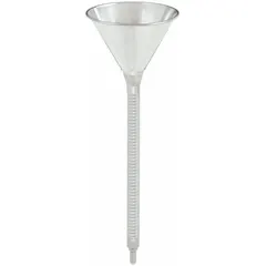 Steel funnel with 32 fl oz capacity, 6 3/8 in overall diameter, and 14 in flexible spout. Includes a removable 50 Grit Mesh brass strainer screen for filtering debris. Suitable for transferring fluids such as oil, coolant, or fuel into reservoirs with limited access.