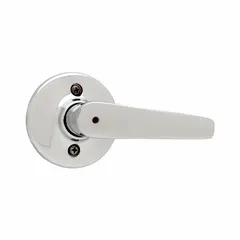 This privacy lever lockset is designed for interior doors requiring locking privacy, such as bathrooms or bedrooms. It features a bright chromium-plated zinc finish and a rose style. The ANSI F76 function allows locking from the inside with a push button or turn piece. It is ADA compliant for accessibility.