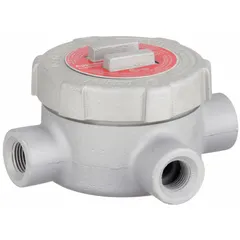 Iron T-shaped conduit outlet body with triple coat epoxy coating, 1/2 in trade size, threaded female hubs for use with threaded IMC. Includes cover and gasket. CSA C22.2 No. 25 certified for hazardous locations. Used as a junction point in conduit systems for wire pulling and splicing.