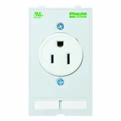 This panel interface power insert features a NEMA 5-15 socket configuration rated for 125 V AC. It is designed for installation in control cabinets and machinery panels, providing a standard AC power outlet for connecting equipment. The insert measures 51 mm x 88 mm.