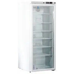 This cabinet maintains a stable 20°C to 25°C environment for storing temperature-sensitive materials such as reagents, samples, or pharmaceuticals. It operates at 115 V and includes six adjustable shelves. The right-hinged door provides access, and overall dimensions are 23 3/4 in width by 26 1/2 in depth.